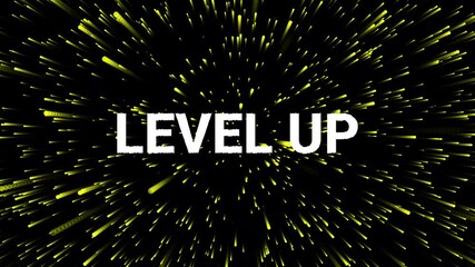 Level up animation with dynamic yellow light trails on black background for gaming videos. 4k text animated video - Powered by Adobe