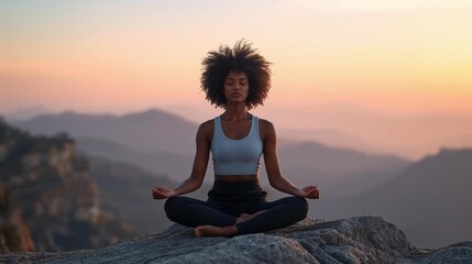 Young woman meditating on mountain cliff at sunrise, serene landscape, mindfulness 