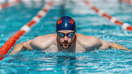 A focused swimmer in a pool glides through the water, showcasing strength and technique, with droplets glistening on his skin.