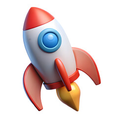 Cute cartoon rocket ship blasting off into space with fiery exhaust