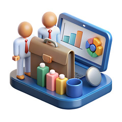 Business team with briefcase and financial charts on laptop screen