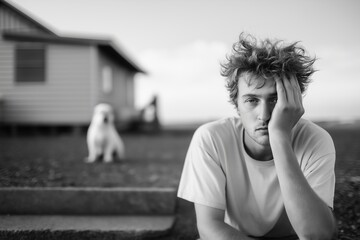Young man with tired face and messy hair, sitting on low step outside tiny house, head leaned against hand