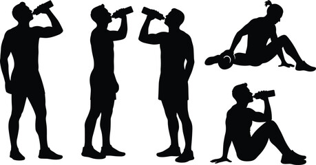 PrintSilhouette of athletes drinking water, resting after workout, fitness training, hydration, gym exercise, bodybuilding, sports health, vector illustration design