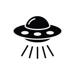 Black silhouette of a classic flying saucer with lights and beams