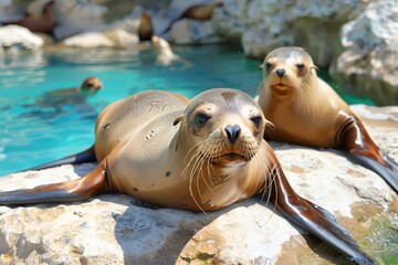 Fototapeta premium Sea lion resting on rock near water looking at camera