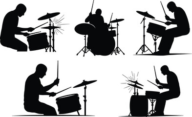 PrintSilhouette of drummer playing drums, musician with drumsticks performing on stage, percussion artist in concert, music entertainment, isolated band illustration