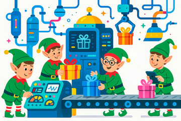 Horizontal Vector Illustration Christmas Elves