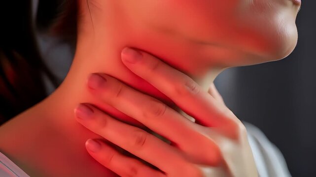 A woman touching her inflamed, red-glowing neck, indicating a sore throat or pain