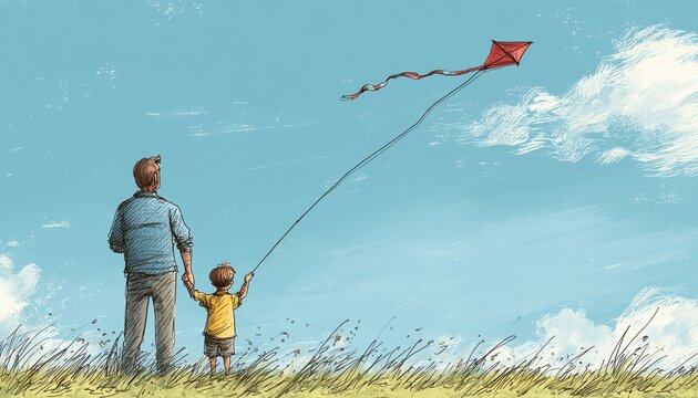 Father And Son Enjoy Kite Flying Together: Intergenerational Bonding In The Great Outdoors During A Summer Vacation. Hand-Drawn Illustration.