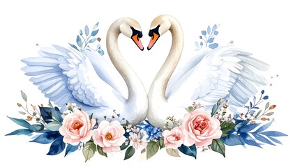 Fototapeta premium Watercolor Swans in Love with Forming a Heart with Floral Arrangement, and Elegant Design.
