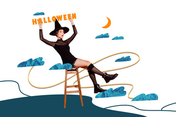 Composite trend artwork collage of happy halloween poster night sky cloud spooky season party young lady witch sit chair hand hold banner