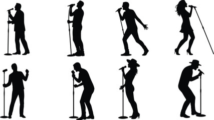 PrintSilhouette of male and female singers, performing with microphone stand, concert artist poses, music entertainment, stage performance, isolated musician illustration
