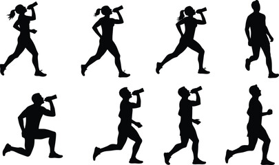 PrintSilhouette of runners drinking water, fitness jogging, hydration exercise, man and woman workout, healthy lifestyle, sports training, gym illustration design