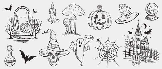 Hand drawn horror magic Halloween objects. Witchcraft set. Vector sketch illustration in vintage crayon charcoal style. Human skull in witch hat. grave, haunted castle, carved pumpkin
