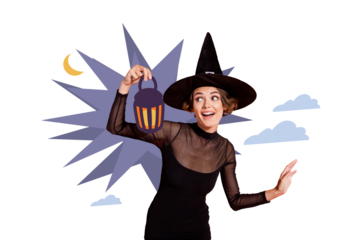 Composite photo collage of happy witch girl fairy hold flashlight dark night halloween black magic wizard isolated on painted background