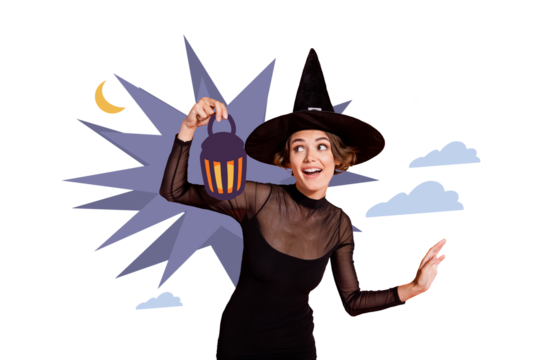 Composite photo collage of happy witch girl fairy hold flashlight dark night halloween black magic wizard isolated on painted background
