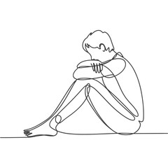 Solitary figure in minimalist line art embracing knees
