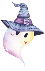 Watercolor cute ghost.Happy Helloween.cute monsters.Cartoon ghost.Fantasy witch hat.