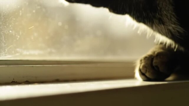 Close-up of a domestic cat's paw resting on a windowsill, bathed in warm, soft morning sunlight.
