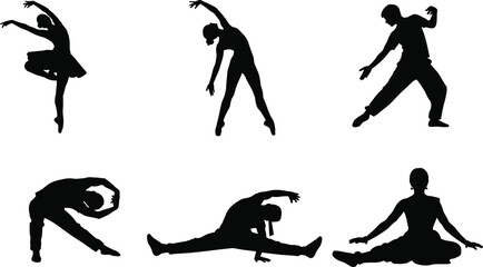 PrintSilhouettes of dancers performing ballet, contemporary, hip hop, stretching poses, modern dance, fitness balance, performance art, choreography movement illustration
