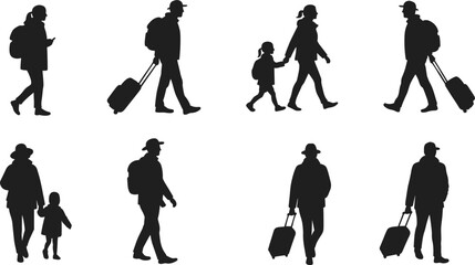 PrintSilhouettes of travelers with luggage, family walking together, people carrying backpacks, airport passengers, tourist journey, parent child travel, vacation trip, journey silhouettes