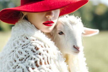 A model wearing a red felt hat and a sheep's wool product next to a white sheep. Advertising sheep's wool products.