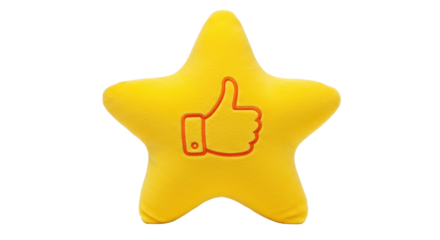 Yellow star-shaped pillow with thumbs up isolated, plush toy for kids room decor and positive feedback concept