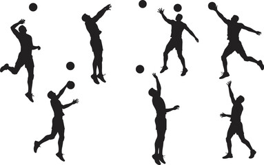 PrintVolleyball player silhouette jumping, hitting ball, spiking action, sport athlete vector, competitive game posture, teamwork training, active lifestyle illustration isolated design