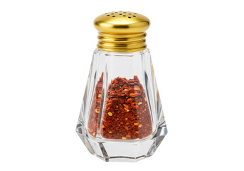 Crushed red pepper flakes in glass shaker isolated, spice condiment for cooking and seasoning food on no background