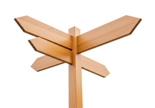 Wooden signpost with multiple arrows isolated on white, directional signage for outdoor navigation and wayfinding in nature PNG