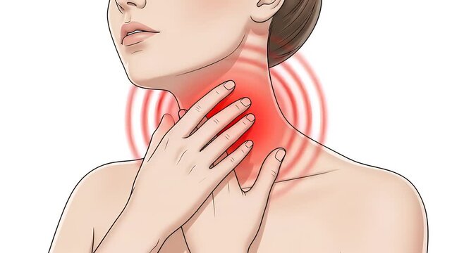 A medical illustration of a woman holding her inflamed neck, feeling a sore throat.