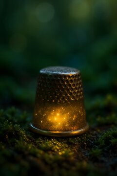 A vintage brass thimble sits on lush green moss, emitting a warm, magical glow from within, creating a sense of wonder
