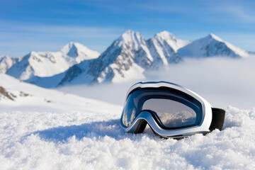 A pair of ski goggles lies on the snow in the mountains against a backdrop of white rocky peaks and a blue sky.