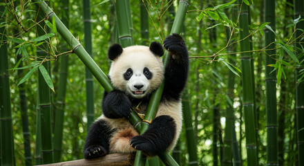 A playful giant panda cub climbs a bamboo stalk, surrounded by lush green bamboo forest, showcasing its adorable and endangered status