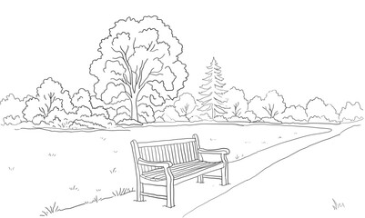 Hand Drawn Park Bench with Trees &ndash; Countryside Garden Landscape Line Art Vector
