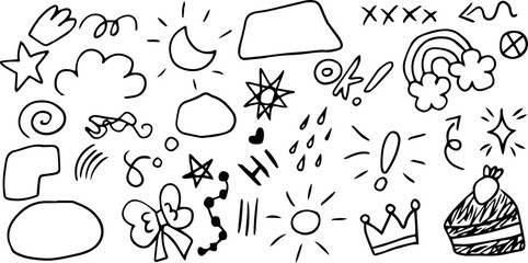 Sketch icons hand drawn, children draw style, grunge style icon set. Comet, moon, star, piece of pie, rainbow, bow, sun. Decorative doodle icon