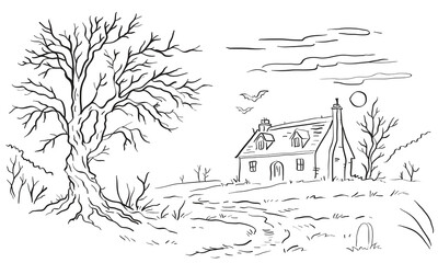 Hand drawn Spooky Haunted House with Bare Tree &ndash; Halloween Line Art Illustration