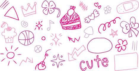 Sketch icons hand drawn, children draw style, grunge style icon set. Cake slice, royal crown, clover, sports ball, muffin, text cute, ribbon bow, sun. Painted with pink and purple grunge curves 