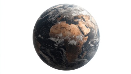 A detailed globe of Earth, showcasing continents and atmospheric patterns in shades of brown, grey, and black.