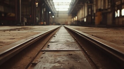Obraz premium Industrial Rail Tracks in Empty Factory