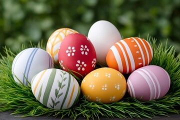 Fototapeta premium Colorful Easter eggs decorating fresh green grass celebrating spring