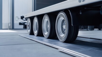 Industrial transport trailer tires on platform, loading dock