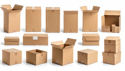 Collection of Various Brown Cardboard Boxes on White Backdrop with Shadow Overhead Lighting Product Packaging Boxes Shipping Container Moving Boxes Logistics Concept