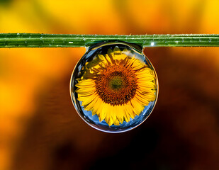 Macro close-up of sunflower reflection inside a dew drop on green grass blade with vibrant yellow background, nature detail photography concept