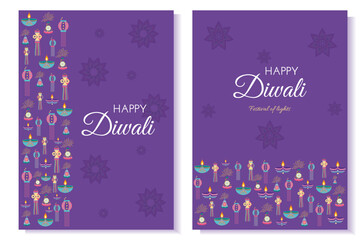 Set of Diwali celebration cards with rangoli, lanterns and lamps diyas in flat style. Deepavali vector illustration for print and online projects