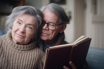 Elderly couple reading a photo album together at home  