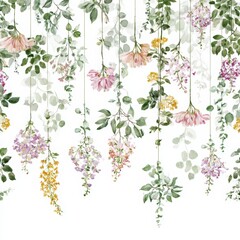 Colorful Floral Background with Delicate Hanging Blossoms and Greenery