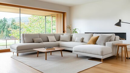 Fototapeta premium Modern living room interior with cozy sectional sofa and natural light