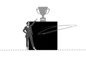 Collage picture young businesswoman achieve goal aim target success victory cup prize award pointing showing gesture career promotion