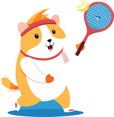 Cartoon hamster playing tennis with a racket on a white background illustration